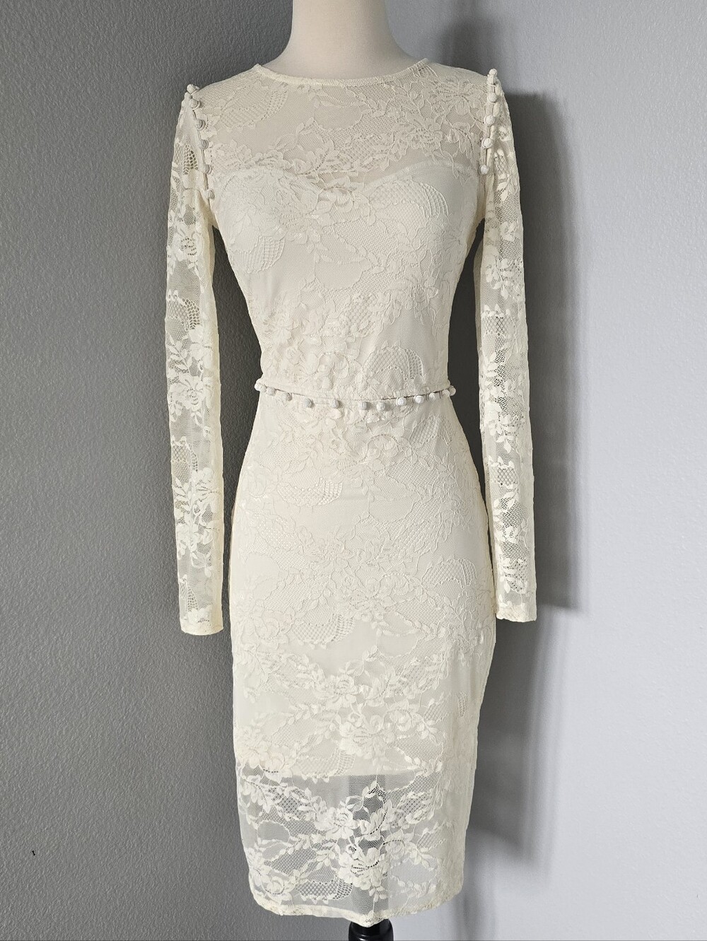 bebe Ivory Lace Bead Trim Long Sleeve Sheath Dress Bridal Wedding Cocktail Small